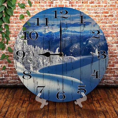 Snow Scene Wall Clock 10 Inch Wooden Battery Operated Autumn Forest Maple Leaves Wall Clocks Decorative Indoor,Decorative for Kitchen Bathroom Bedroom