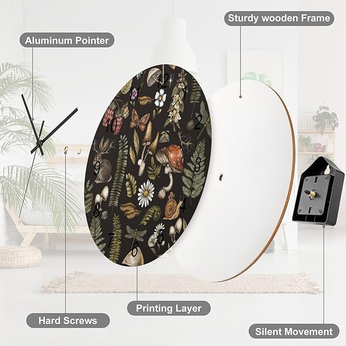 Botanical Wall Clock, Vintage Plant Botanical Cartoon Mushroom Flower Round Clocks Wall Decor Silent No Ticking 12 Inch Wooden Clock for Bedroom Living Room Home Office