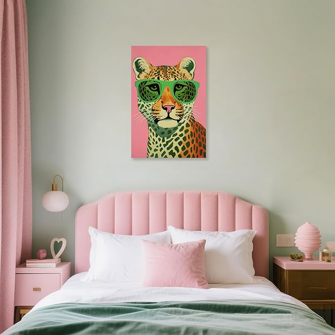 7CANVAS Pink Cheetah Print Canvas Wall Art Leopard Wall Decor Preppy Room Decor Animal with Sunglasses Chic Picture for Modern Home Girls Dorm 24x36Inch