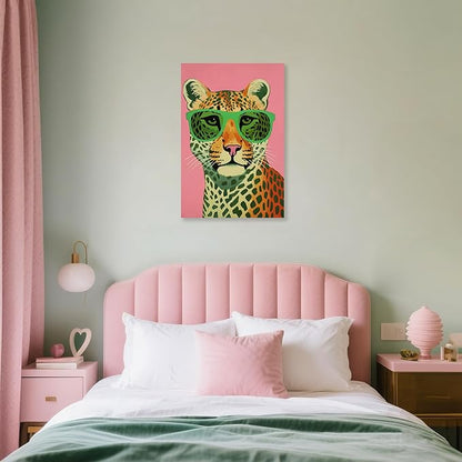 7CANVAS Pink Cheetah Print Canvas Wall Art Leopard Wall Decor Preppy Room Decor Animal with Sunglasses Chic Picture for Modern Home Girls Dorm 24x36Inch
