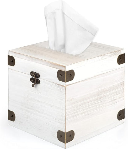 Ilyapa 5 x 6 Rustic Tissue Box Holder - Hinged Lid Tissue Dispenser for Bathroom Living Room Bedroom - White Weathered Wood