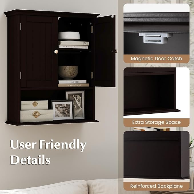 Giantex Wall Mounted Medicine Cabinets - Above Toilet Bathroom Cabinet with Adjustable Shelf, Open Shelf, Over The Toilet Space Saver Storage Cabinet for Laundry Room, Kitchen, Cupboard (Brown)