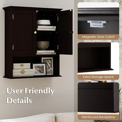 Giantex Wall Mounted Medicine Cabinets - Above Toilet Bathroom Cabinet with Adjustable Shelf, Open Shelf, Over The Toilet Space Saver Storage Cabinet for Laundry Room, Kitchen, Cupboard (Brown)