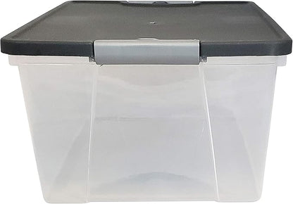 HOMZ 4-Pack Secure Latch, Clear Plastic Storage Organizer Bins, 15 Quart, Gray Lid - Stackable Container Boxes for Bedroom, Bathroom, Garage, and Office Organization