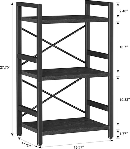Homeiju Bookshelf, 3 Tier Industrial Bookcase, Metal Small Bookcase, Rustic Etagere Book Shelf Storage Organizer for Living Room, Bedroom, and Home Office(Black) Patent Pending D29873033