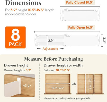 Lifewit Drawer Dividers for Clothes, 3.2" High 10.5"-16.5" Expandable Dresser Drawer Organizers, Adjustable White Plastic Separators for Kitchen, Cabinet, Nursery, Socks & Underwear Storage, 8 Pack