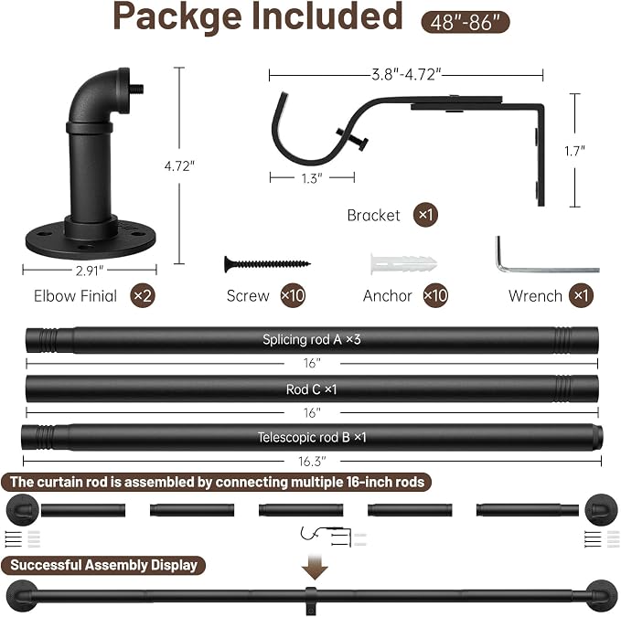 Zeerobee Curtain Rods for Windows 48 to 84, 1 Inch Industrial Wrap Around Black Curtain Rod, Indoor/Outdoor Room Divider Adjustable Drapery Pole, 48"-86"