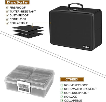 DocSafe Photo Storage Box with Lock,Fireproof Photo Organizer Box with 16 Inner 4" x 6" Photo Case(Multi-Colored),Collapsible Portable Photo Filing Safe Storage with Water-Resistant Zipper for Photos