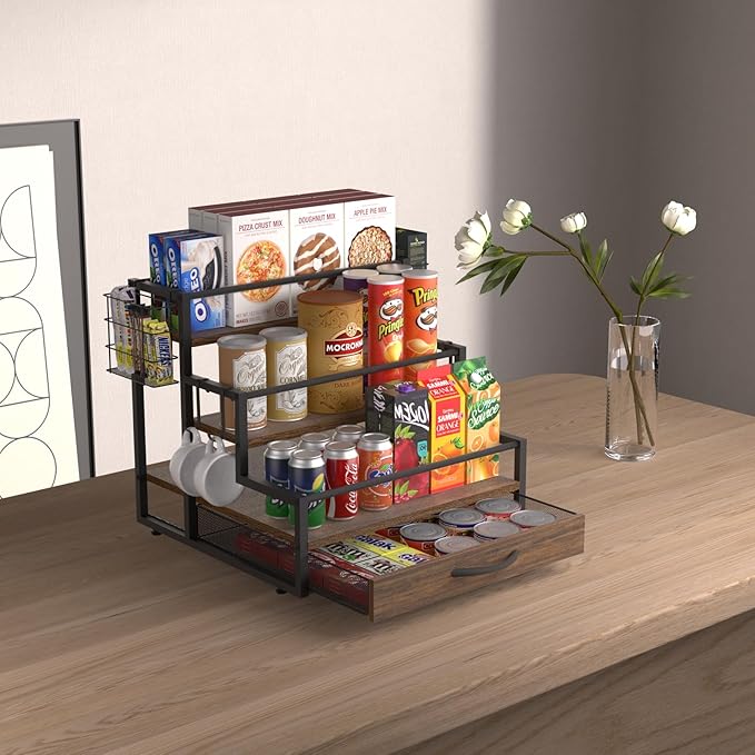 Countertop Coffee Syrup Rack Organizer, 4-Tier Wooden Holder Stand with 36 K Cup Storage Drawer for Coffee Bar Accessories,Condiment Storage Shelves for Kitchen,Home,Office,Restaurant