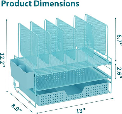 Blue Desk Organizer, Office Organization with Vertical File Holder, File Organizer with Drawer and Pen Holder, Desk Accessories and Workspace Organizers for Home Office (Sky Blue)
