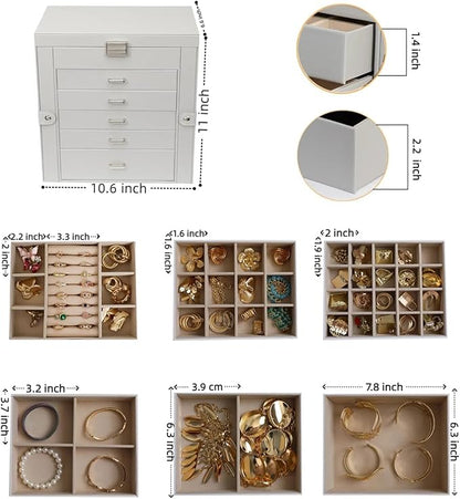 BOOVO Jewelry Box For women, 6 Layer Large Jewelry Organizer With Mirror, Multi-Function Storage Box With Lock, Necklace Holder With 5 Drawers, For Earrings Necklace Bracelet (Silver and Grey)