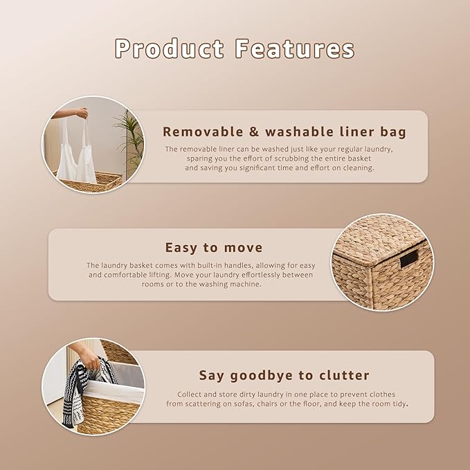 Laundry Hamper with Lid and Removable Liner Bag, Handwoven Natural Hyacinth Clothes Hamper with Heightened Feet, Wicker Laundry Basket for Clothes and Towels，Small