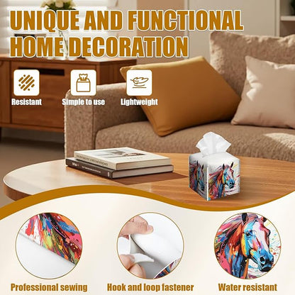 Colorful Horse Tissue Box Cover 2PCS, Animals Leather Tissue Box Holder Square Facial Paper Case Tissue Box Cube Organizer for Bathroom Bedroom Desk Office