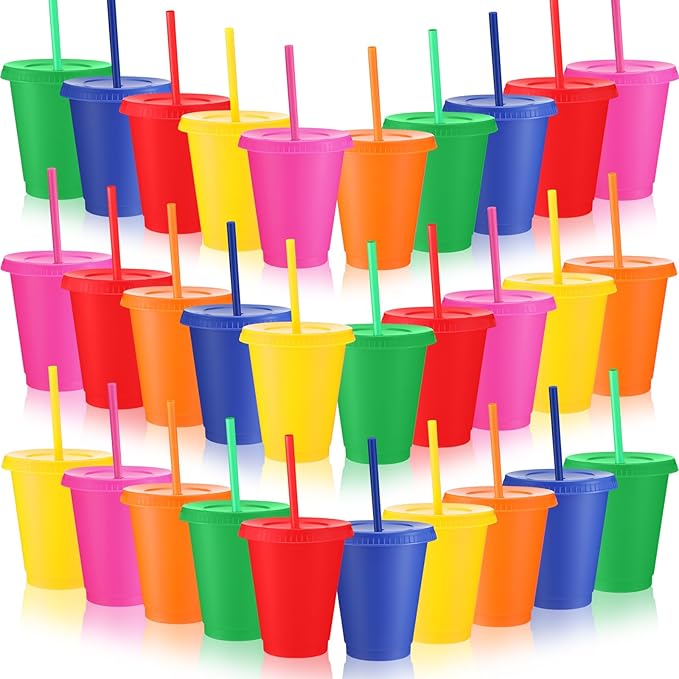 Sieral Cups with Straws and Lids Kids Tumbler with Straw Reusable Water Bottle Iced Coffee Travel Mug Adults Plastic Cups for Parties 16 oz (Vibrant Colors,30 Pack)