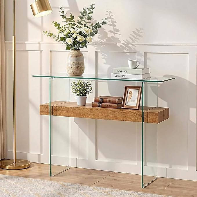 ivinta Glass Console Table with Storage, 39.4" Modern Narrow Entryway Table for Living Room, Entrance, Hallway or Bedroom 5101 (Natural Wood)
