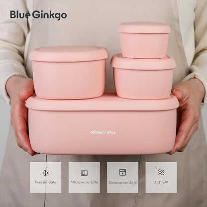 BLUE GINKGO Nesting Silicone Containers - Large Silicone Food Storage Container | BPA Free, Airtight, Dishwasher and Freezer Safe (47.5 oz) - Pink