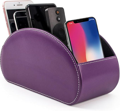 Remote Control Holders Organizer Box with 5 Compartment PU Leather Multi-functional Office Desk Storage Caddy Store Tv Remote for Media Player,Brush,Pencil,Glassees&Office Supplies (Dark Purple)