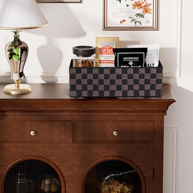 2-Pack Checker Pattern Woven Bins, 16” Ribbon Metal Wire Desk Organizer, Drawer Dresser Baskets, Countertop Toilet Paper Storage Containers (Black & Brown)