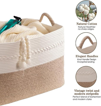 Extra large laundry basket woven from natural cotton rope with handles storage blankets for living rome big decorative quilted baskets for clothes toys pillows hamper 24"x16"x14" white/brown