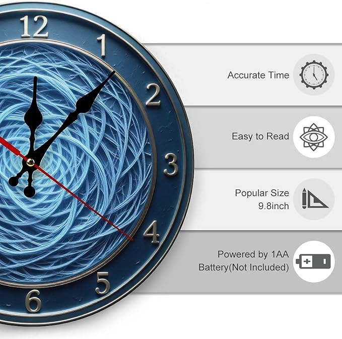 Wall Clock, Abstract Pattern Non Ticking Wall Clocks Battery Operated, Blue Wooden Wall Clocks for Kitchen, Living Room, Bedroom, Office, Bathroom Decorative 10 Inch