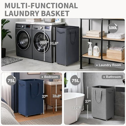 CHICVITA 100L Rolling Laundry Basket with Wheels, Large Collapsible Laundry Hamper with Removable Wash Bag Space for Corner Dorms, Grey