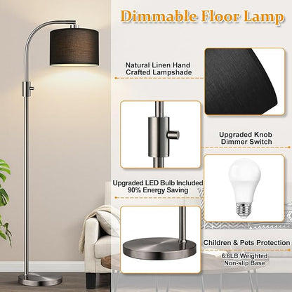 Nintiue Upgraded Modern Arc Dimmable Tall Standing Floor Lamp with Black Shade, 1200 Lumens LED Bulb Included, for Living & Reading Room, Bedroom, Office & Nursery, Brushed Nickel
