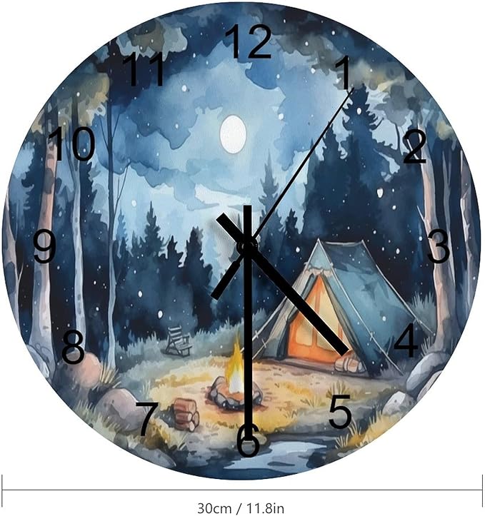 Forest Wall Clock Silent Non Ticking Battery Operated, Watercolor Mountain Forest Nature Tree Woodland Camping Clock Decorative for Bathroom Kitchen Bedroom Living Room(12 Inch)
