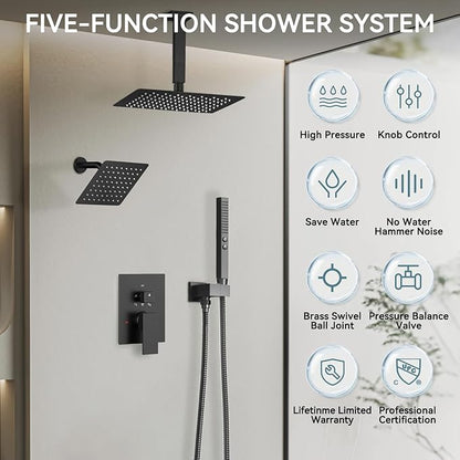 Shower Systems Matte Black Shower Faucet Sets,Bostingner Five Function Diverter Dual Head Shower Set,12'' Ceiling Mount and 6’‘ Wall Mount Rainfall Shower System with 2 in 1 Handheld Spray