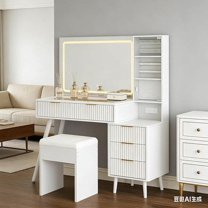 Garvee Vanity Desk with Lighted Mirror, Makeup Vanity with Charging Station, Glass Top Dressing Table with Cushioned Storage Stool for Bedroom, White