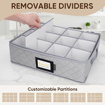 BALEINE China Storage Containers, Sturdy Quilted Wine Glass Storage, Plate Organizer with Carry Handles, Moving Boxes for Dishes, Cups, Mugs and Stemware (Mug Storage, Soft Shell Grey)