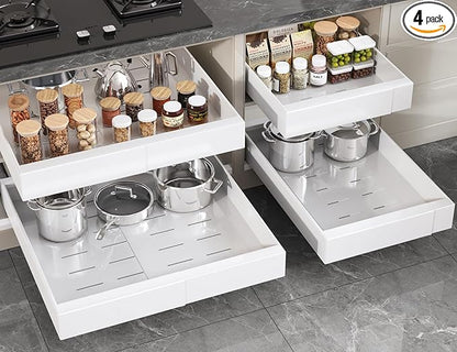 Seinloes 4 Pack Pull Out Cabinet Organizer 22" Deep,Full Extension 3 Slide Rails Slide Out Drawers With Raising Pad for Framed Cabinets,Expandable Width (12.3"-20.5"),No Drill Roll Out shelf,White