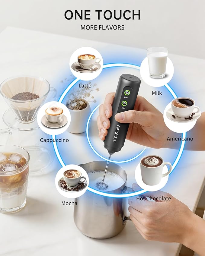 CIRCLE JOY Rechargeable 2-Speed Handheld Milk Frother with Stand, Dual Spring Whisk Electric Foamer, Portable & Detachable Coffee Frother Wand, Drink Mixer for Lattes, Macchiato, Hot Chocolate, Black