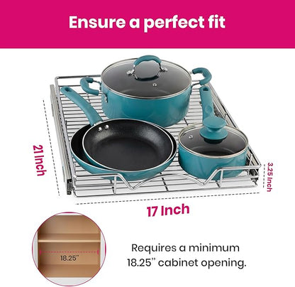 HOLDN’ STORAGE Pull Out Cabinet Organizer, Heavy Duty Caddy w/Lifetime Limited Warranty -17”W x 21”D - Requires At Least 18-1/4” Cabinet Opening, Steel Metal Cabinet Drawers Slide Out, Chrome