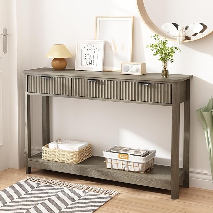 Fluted Console Table with Drawers, Modern 47.1" Entryway Table with Storage Shelf, Boho Narrow Skinny Behind Couch Wood Sofa Table for Living Room Hallway Entrance Foyer,Washed Oak