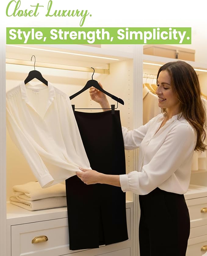 Wooden Hangers with Clips for Women, Solid Wood Skirt & Suit Hangers, Heavy-Duty Adjustable Non-Slip Design with Velvet Grip, Black with Black Velvet, 6 pcs
