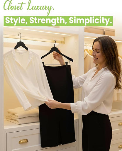 Wooden Hangers with Clips for Women, Solid Wood Skirt & Suit Hangers, Heavy-Duty Adjustable Non-Slip Design with Velvet Grip, Black with Black Velvet, 6 pcs