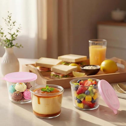 4 Sets Small Glass Bowls with Pink Lids 6.8oz Ribbed Clear Glass Containers Stackable Dessert Custard Pudding Cups Condiment Bowls for Sauces Dips Nuts Oats Candy Dessert Cereal