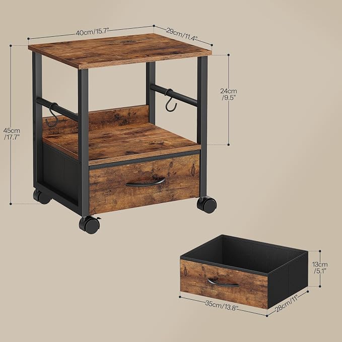 HOOBRO 2-Tier Printer Stand, Under Desk Printer Table with Drawer, Printer Cart with Storage, with Casters/Adjustable Feet, for Home Office, Study, Living Room, Rustic Brown and Black, BF20PS01