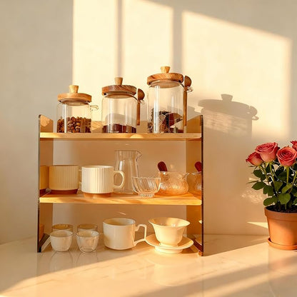 Coffee Station Organizer 2 Tier, Solid Wood Mug Shelffor Coffee Bar,Matcha Station,Tea Storage - Holds Mugs,Beans,Syrup,Cups,Tirrers (Yellowish-Brown, 15.4" L x 5.7" W x 13.4" H)