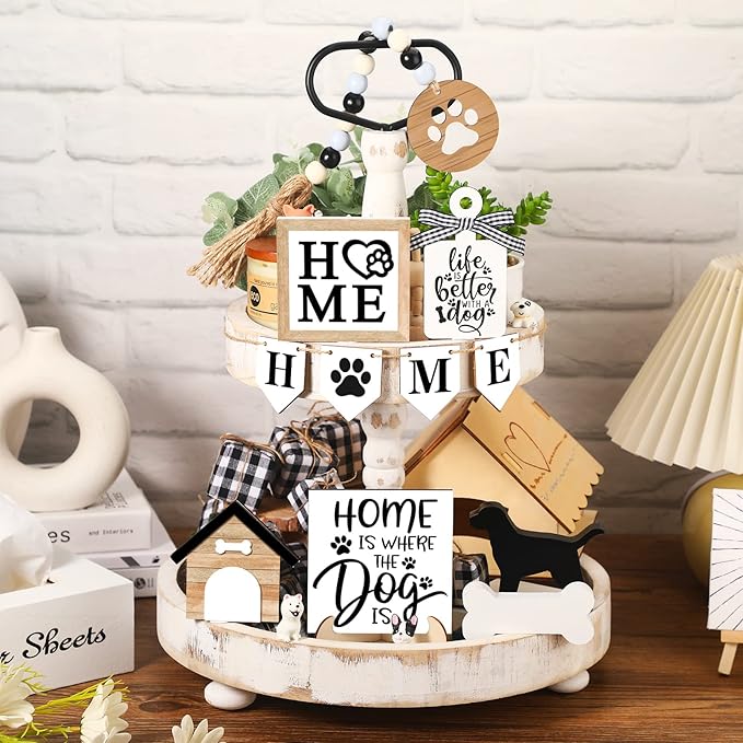 11 Pcs Dog Tiered Tray Decor Dog Home Rustic Farmhouse Tiered Tray Decorations Set Home Wooden Signs Vintage Farm Animal Farmhouse Tabletop Wood Signs for Kitchen Table Shelf Decor