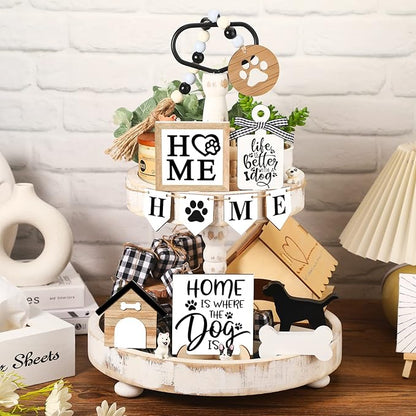 11 Pcs Dog Tiered Tray Decor Dog Home Rustic Farmhouse Tiered Tray Decorations Set Home Wooden Signs Vintage Farm Animal Farmhouse Tabletop Wood Signs for Kitchen Table Shelf Decor