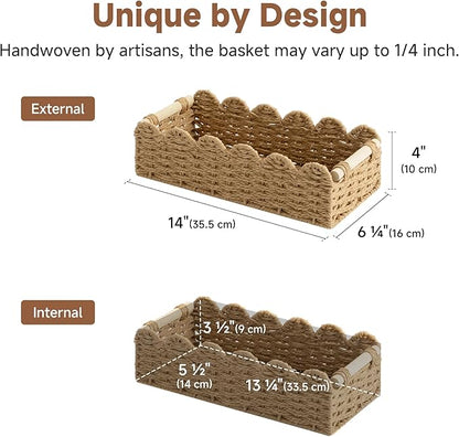 StorageWorks Toilet Paper Storage Basket, Living Room Organizers and Storage, Toilet Paper Basket with Wooden Handles, Small Paper Rope Scalloped Basket, Brown