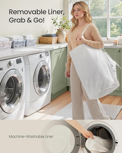 SONGMICS Laundry Hamper with Lid, 17.2 Gallon (65L) Synthetic Rattan Clothes Laundry Basket with Lid and Handles, Foldable, Removable Liner, Summer Sand ULCB165LZ01