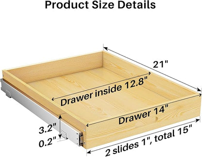 2Pack Pull Out Cabinet Organizer, Soft Close Wooden Slide Out Drawers for Pots, Full-extension Roll Out Shelves for Kitchen Cabinets, Pantry Organization, Bottom and Side Mount(15"W X 21"D x 3.4''H)