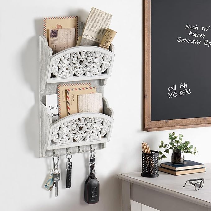 Mail Organizer with Key Holder,2-Slot Mail Holder with 4 Key Hooks for Wall Decorative, Wooden Hanging Organizer for File Letter in Shelf Home Farmhouse Decor for Entryway Office