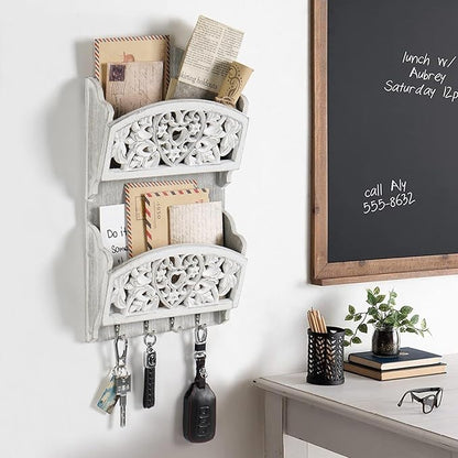 Mail Organizer with Key Holder,2-Slot Mail Holder with 4 Key Hooks for Wall Decorative, Wooden Hanging Organizer for File Letter in Shelf Home Farmhouse Decor for Entryway Office