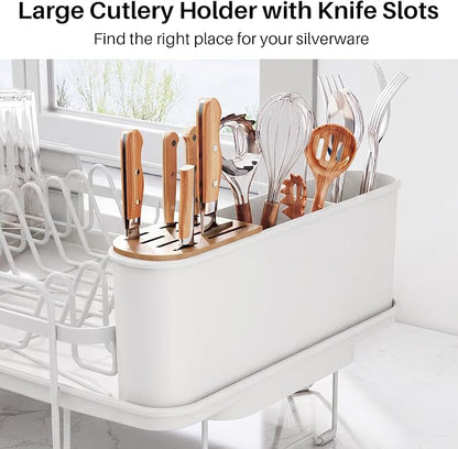 SNTD Dish Drying Rack - Large Dish Racks for Kitchen Counter, Expandable Dish Drainers with Cutlery Holder Stainless Steel Rustproof (White)