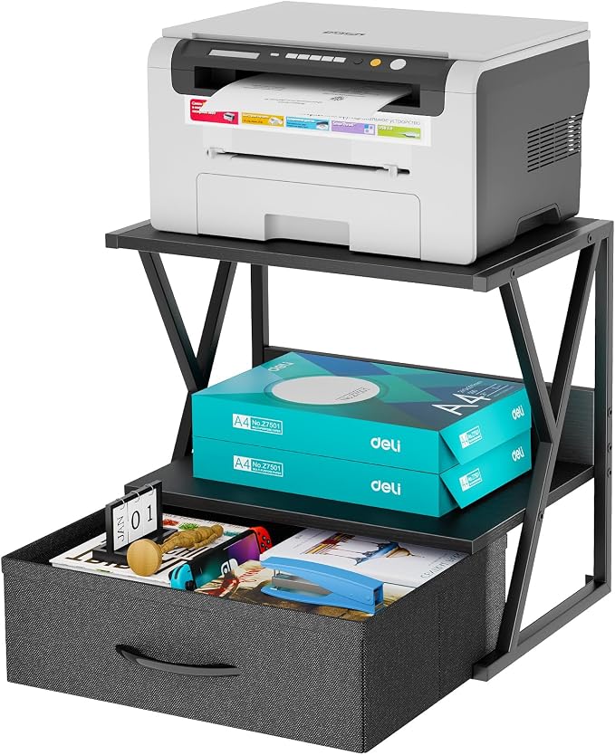 aboxoo Printer Stand for Desk with Storage Drawer, 2 Tier Desktop Or Under Desk Shelf, Multi-Purpose Desks Organizer for Home Office, fit Fax Machine/3D Printer/Scanner, Black