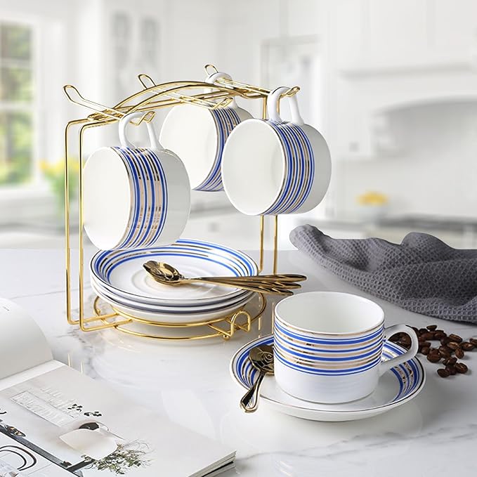 Tea Cups and Saucers Holder,Metal Tea Cups Coffee Cups Rack,Organizer for Coffee Cup Spoon and Saucers (Gold)