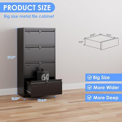 57.17"H Lateral File Cabinet with 4 Drawer,Metal Wide Filing Cabinet with 4 Locks and Business Card Slot for Home Office School Hanging Letter/Legal/F4/A4 Size Folders,Required Assembly,Black